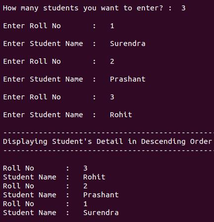 student structure descending order